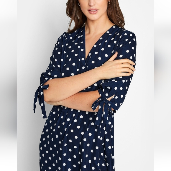 Long Tall Sally Navy Blue white polka dot tie sleeve midi dress US Size 10 - Picture 12 of 12
